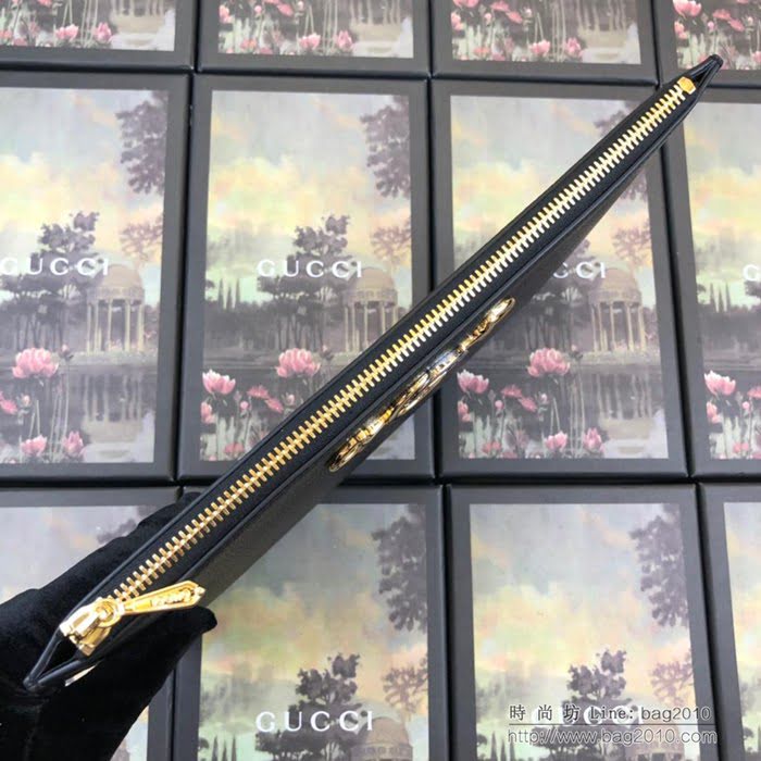 GUCCI古馳 2019新款 Zumi系列 粒面皮革 互扣式G馬銜扣 拉鏈 女款手拿包 570728 黑色  ydgq3274